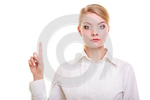 Business woman pressing button or pointing isolated