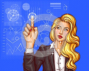 Business woman pressing on virtual holographic screen