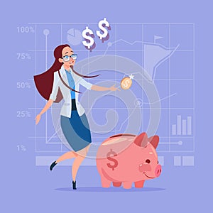 Business Woman Put Coin Piggy Bank Money Investment Concept