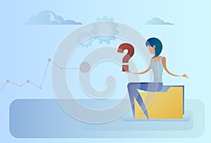 Business Woman With Question Mark Pondering Problem Concept