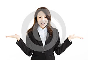 business woman raising her hands on both sides
