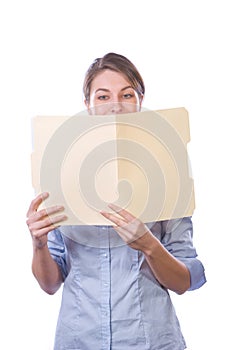 Business woman reading documents isolated on white