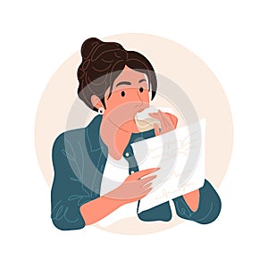 Business woman reads documents and bites a sandwich. Working hours and a quick snack. Flat illustration of working