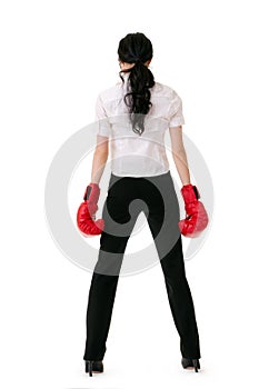 Business woman with red boxing gloves