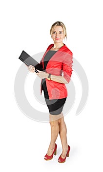 Business woman in a red jacket with a black folder in hands