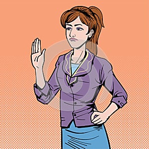 Business woman refuse to agree. Not OK. People disagree. Illustration vector. On pop art comics.