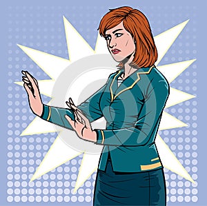 Business woman refuse to agree. Not OK. People disagree. Illustration vector. On pop art comics.