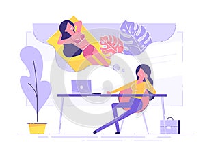 Business woman is relaxing and dreaming about vacation on a tropical island at her work place. Modern office interior. Business