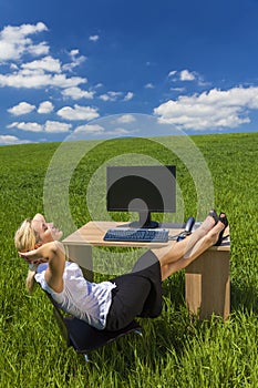 Business Woman Relaxing Office Desk Green Field