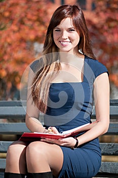 Business woman reviewing diary at city park