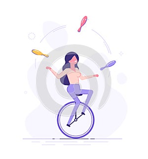 A business woman is riding on unicycle and juggling different tasks. Multitasking concept. Flat vector illustration