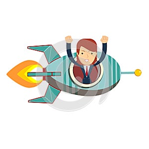 Business woman in a rocket. Business Start up concept. Vector flat illustration