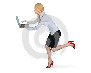 Business woman run with laptop