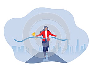 Business woman Running woman winning racing with Marathon leader holding cup, Competition, prize, trophy concept flat vector