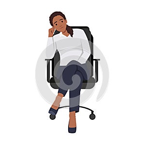 Business woman sad sitting on office chair with tired face and looking at viewer. Think about problem