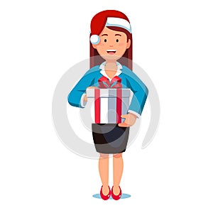 Business woman in Santa hat holding gift box