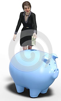 Business woman saving money in piggy bank