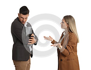 Business woman scolding employee for being late on white background