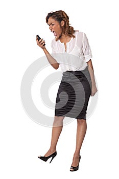 Business woman screams into her phone.
