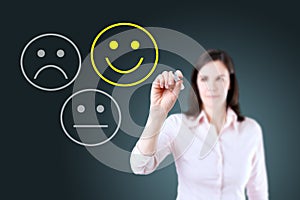 Business woman select happy on satisfaction evaluation. Blue background.