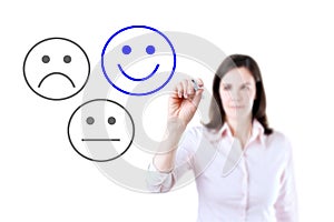 Business woman select happy on satisfaction evaluation. Isolated on white.