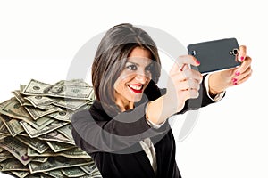 Business woman selfie with many money