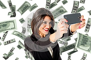 Business woman selfie with many money