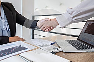 Business woman shaking hands after conversation, Finishing up a collaboration discussing of partner cooperation in investment