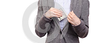 Business woman in shirt and jacket put money dollars in pocket
