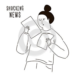 Business woman shocked with negative information. Young girl reading news in newspaper. Bad new and media concept