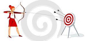 Business woman shooting a bow into a target vector illustration, ambitions career and goal concept, achievement businesswoman