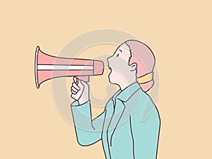 Business woman shouting and screaming megaphone simple korean style illustration