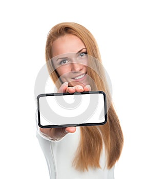 Business woman show blank card or mobile cell phone display