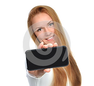 Business woman show blank mobile cell phone