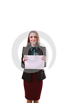 Business woman show board, banner with copy space.finger pointing. smiling woman with long hair. white background isolated.