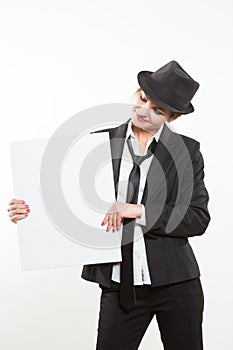 Business woman show board, banner with copy space.