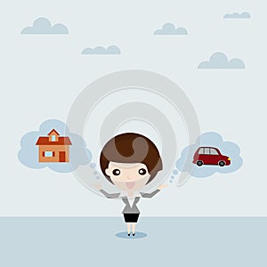 Business woman show car and house in cloud bubble