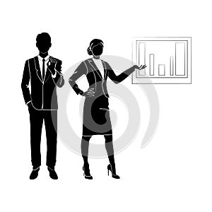 Business woman show graph chart icon. woman show graph chart vector icon for web design isolated on white background. OK! Smiling