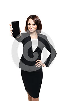 Business woman show mobile cell phone display