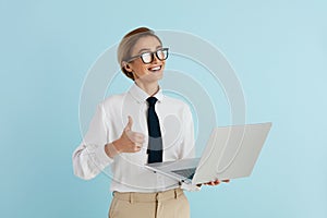 Business Woman Showing Big Finger. Smiling Lady Making Cool Symbol with Finger