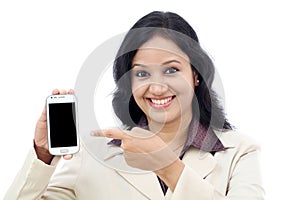 Business woman showing with black display of mobile