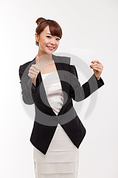 Business woman showing blank card.