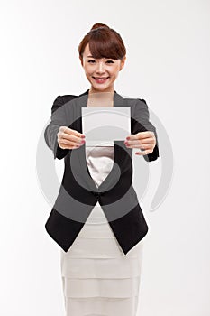 Business woman showing blank card.