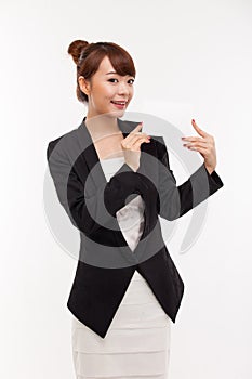 Business woman showing blank card.