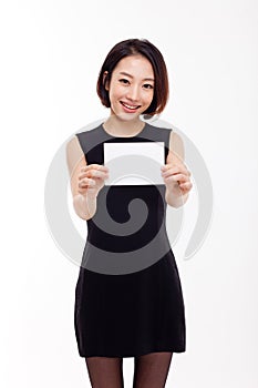 Business woman showing blank card.