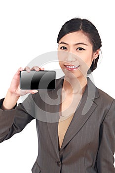 Business Woman Showing blank display of touch mobile cell phone