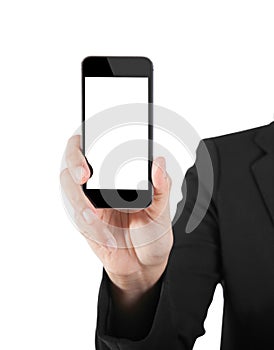 Business Woman Showing blank display of touch mobile cell phone