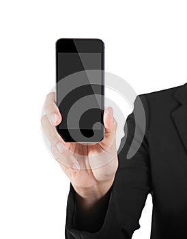 Business Woman Showing blank display of touch mobile cell phone