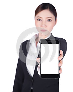 business woman showing blank screen mobile phone isolated on white background