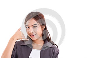 Business woman showing call us, contact us hand gesture
